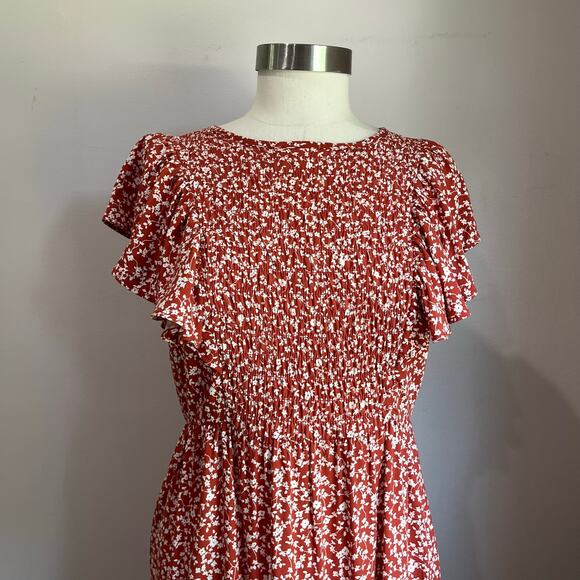 Old Navy White & Orange Floral Ruffle Sleeve Smocked Bodice Midi Dress Sz M - Picture 4 of 9